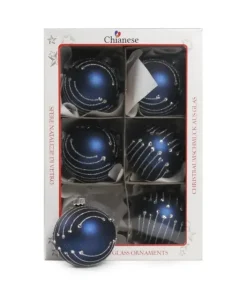 1Pz Pallina In Vetro Decorata A Mano Blu Opaco 80Mm