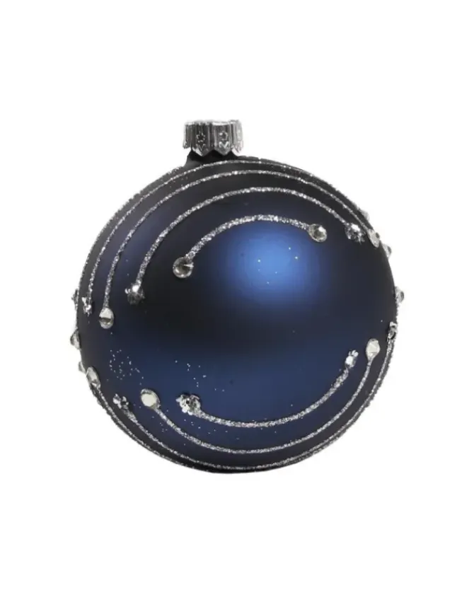 1Pz Pallina In Vetro Decorata A Mano Blu Opaco 80Mm
