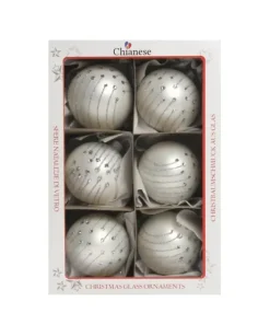 1Pz Pallina In Vetro Decorata A Mano Bianco Opaco 80Mm