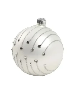 1Pz Pallina In Vetro Decorata A Mano Bianco Opaco 80Mm