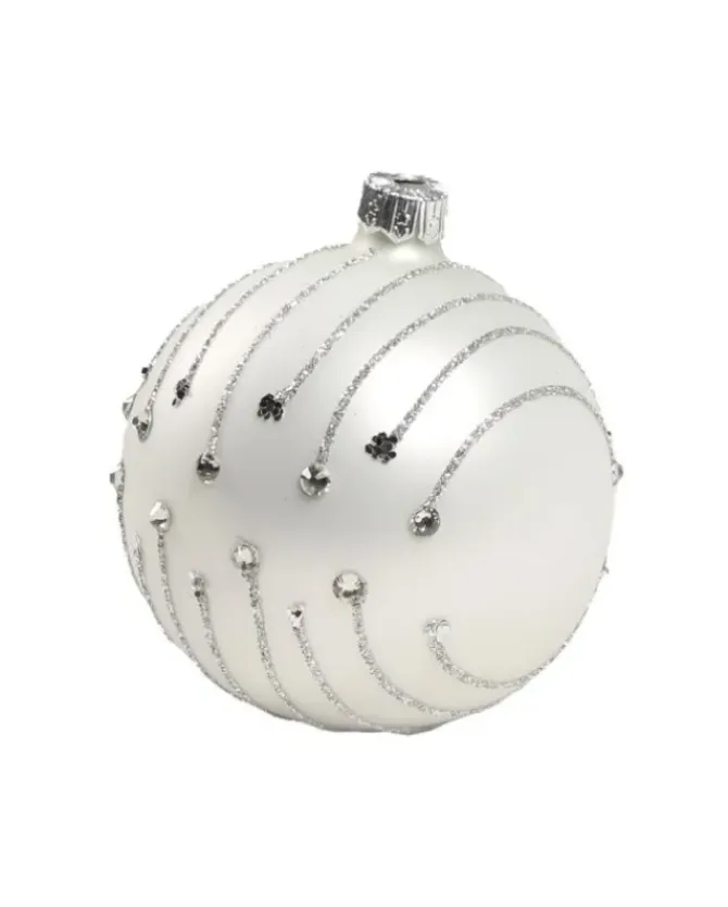1Pz Pallina In Vetro Decorata A Mano Bianco Opaco 80Mm