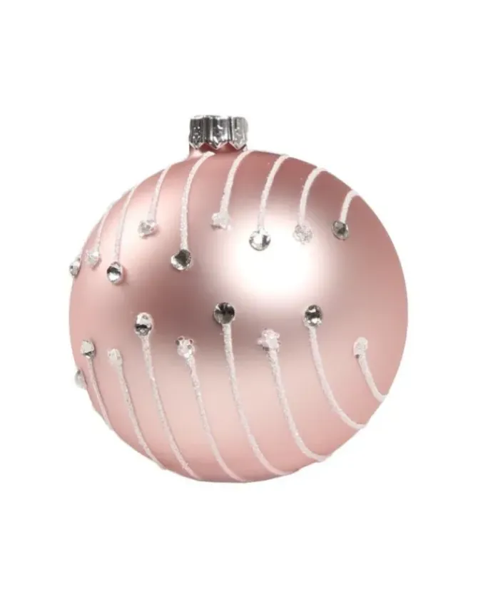 1Pz Pallina In Vetro Decorata A Mano Rosa Opaco 80Mm