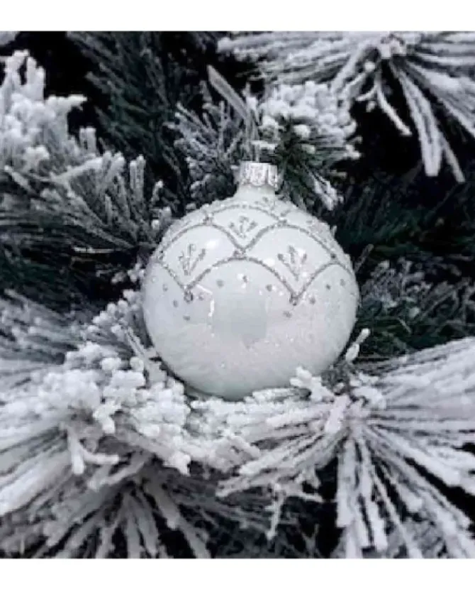 1Pz Pallina Sfera Di Vetro Decorata A Mano 80Mm Per Albero Di Natale Bianca