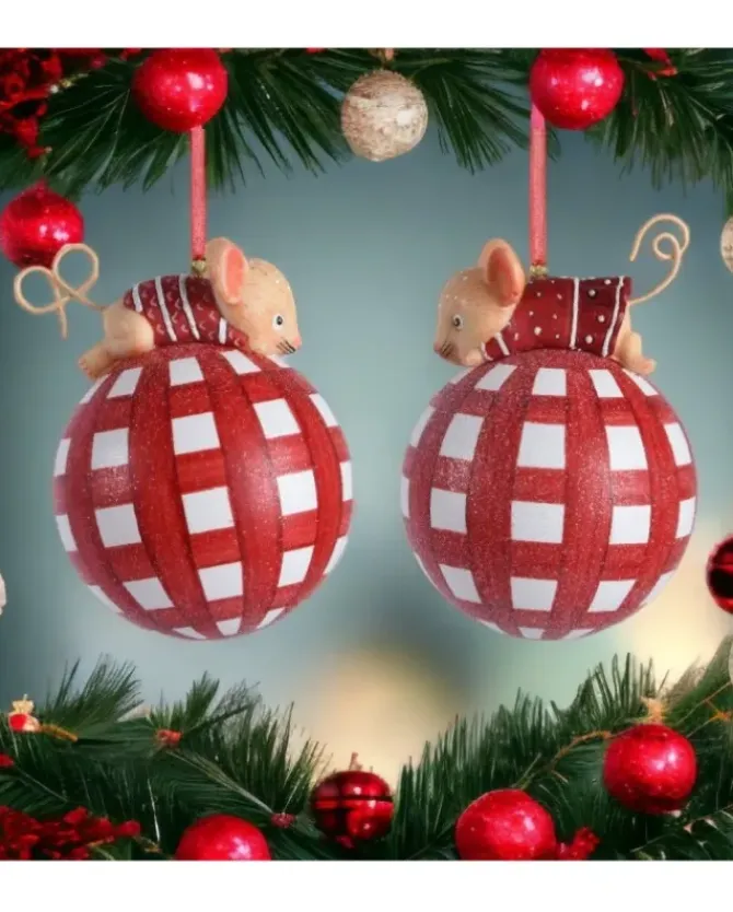 Sfera Pallina Di Vetro Con Glitter Tema Topino 8 Cm In 2 Varianti