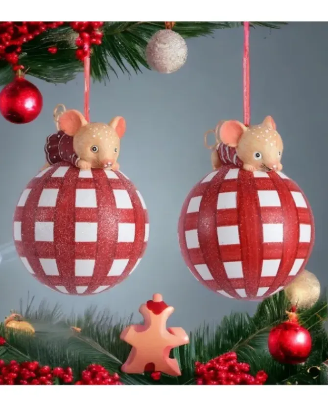Sfera Pallina Di Vetro Con Glitter Tema Topino 8 Cm In 2 Varianti
