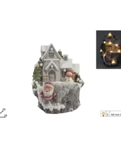 Tronco Con Casetta Con Babbo Natale E Pupazzo Con Luci 45X29X38 Cm