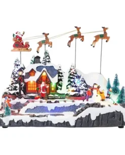 Villaggio Innevato Con Slitte Di Babbo Natale Volante
